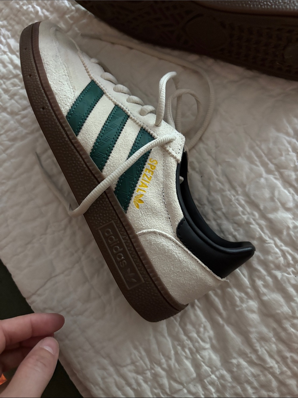 adidas women’s handball spezial in Off-White with green Stripes